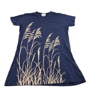 Marushka Handprints Women's sz Medium Navy Blue Dress With Grass Print Design